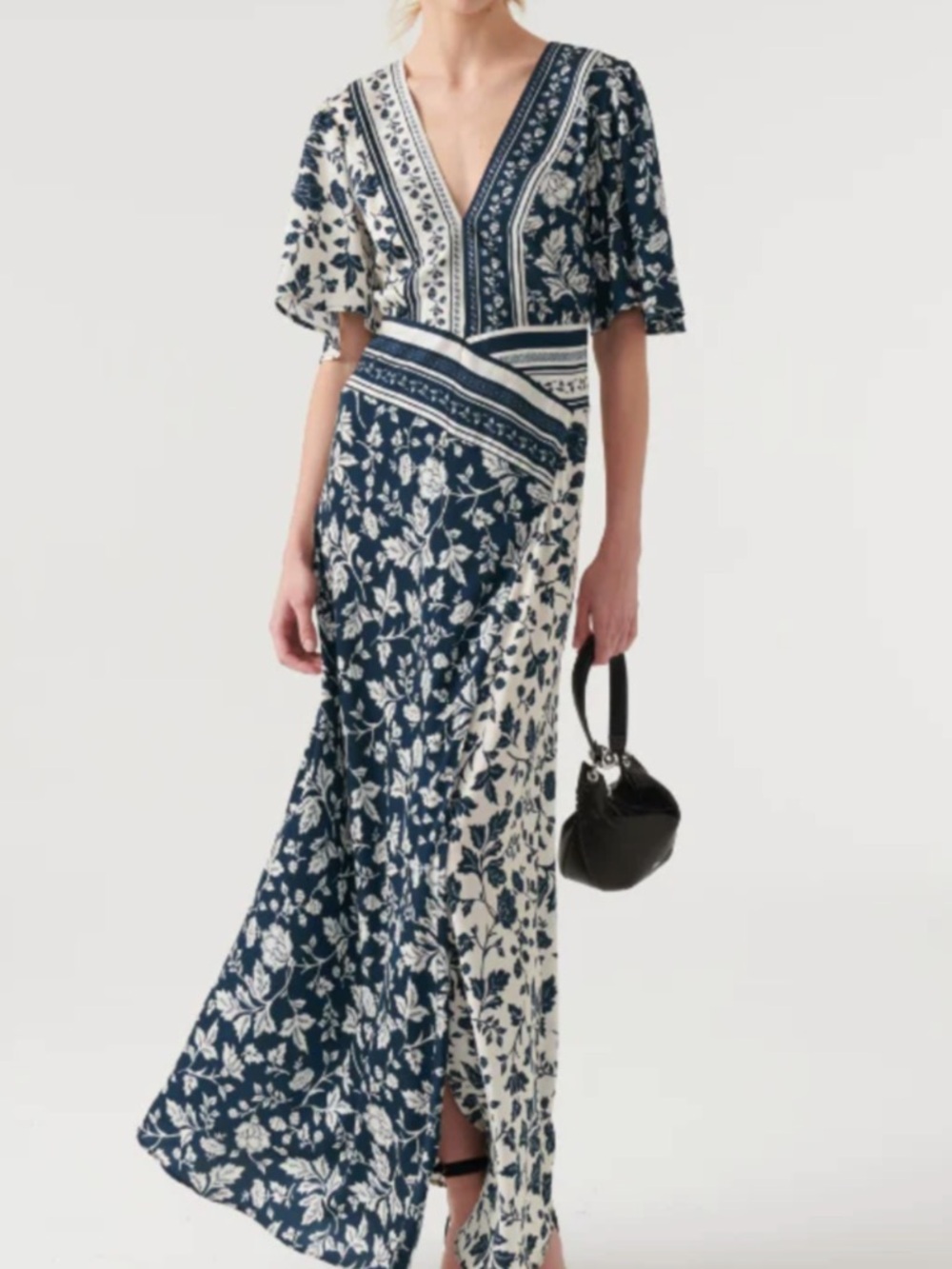 ba&sh Navy and White Wrap Floral V-Neck Maxi Dress